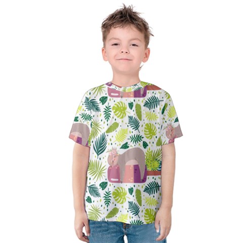 Cute Sloth Sleeping Ice Cream Surrounded By Green Tropical Leaves Kids  Cotton Tee by Vaneshart