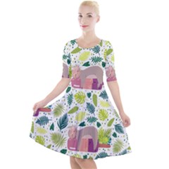 Cute Sloth Sleeping Ice Cream Surrounded By Green Tropical Leaves Quarter Sleeve A-line Dress by Vaneshart