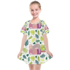 Cute Sloth Sleeping Ice Cream Surrounded By Green Tropical Leaves Kids  Smock Dress by Vaneshart