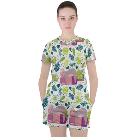 Cute Sloth Sleeping Ice Cream Surrounded By Green Tropical Leaves Women s Tee And Shorts Set by Vaneshart