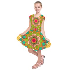 Mandala Patterns Yellow Kids  Short Sleeve Dress