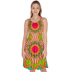 Mandala Patterns Yellow Knee Length Skater Dress With Pockets