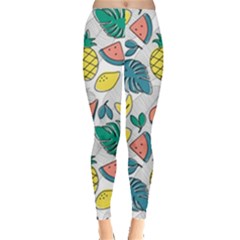 Seamless Pattern Tropical Fruit Banana Watermelon Papaya Lemon Orange Monstera Leggings  by Vaneshart