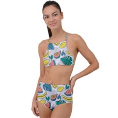 Seamless Pattern Tropical Fruit Banana Watermelon Papaya Lemon Orange Monstera High Waist Tankini Set by Vaneshart