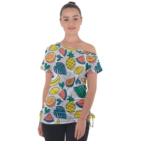 Seamless Pattern Tropical Fruit Banana Watermelon Papaya Lemon Orange Monstera Tie-up Tee by Vaneshart