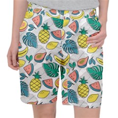 Seamless Pattern Tropical Fruit Banana Watermelon Papaya Lemon Orange Monstera Pocket Shorts