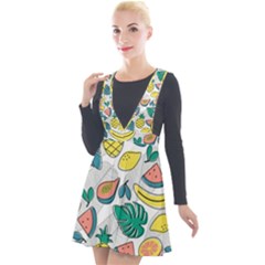 Seamless Pattern Tropical Fruit Banana Watermelon Papaya Lemon Orange Monstera Plunge Pinafore Velour Dress