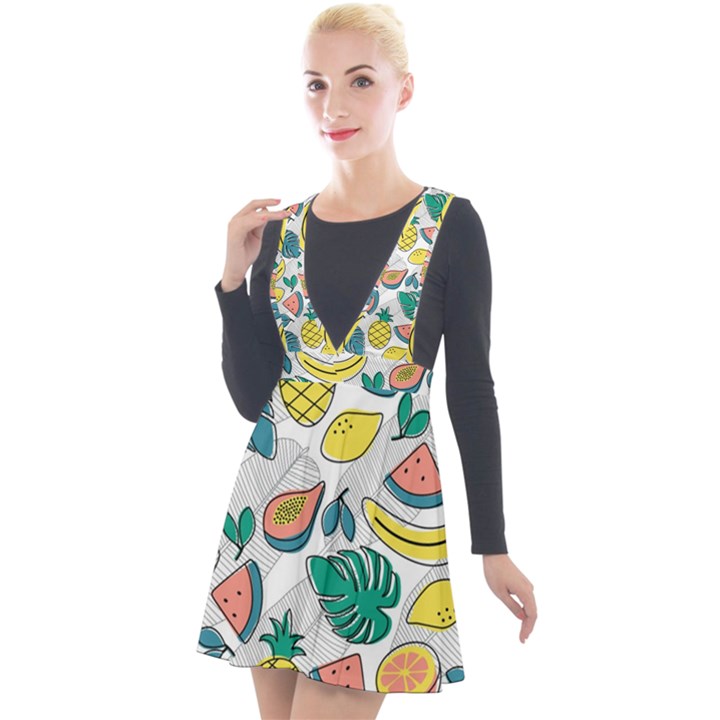 Seamless Pattern Tropical Fruit Banana Watermelon Papaya Lemon Orange Monstera Plunge Pinafore Velour Dress