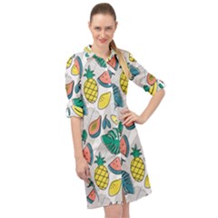 Seamless Pattern Tropical Fruit Banana Watermelon Papaya Lemon Orange Monstera Long Sleeve Mini Shirt Dress by Vaneshart