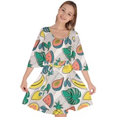 Seamless Pattern Tropical Fruit Banana Watermelon Papaya Lemon Orange Monstera Velour Kimono Dress