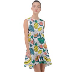 Seamless Pattern Tropical Fruit Banana Watermelon Papaya Lemon Orange Monstera Frill Swing Dress by Vaneshart