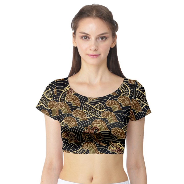 Oriental Traditional Seamless Pattern Dragon Short Sleeve Crop Top