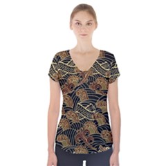 Oriental Traditional Seamless Pattern Dragon Short Sleeve Front Detail Top by Vaneshart