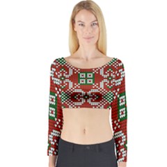 Grandma S Christmas Knitting Pattern Red Green White Colors Long Sleeve Crop Top by Vaneshart