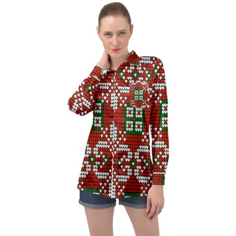 Grandma S Christmas Knitting Pattern Red Green White Colors Long Sleeve Satin Shirt by Vaneshart