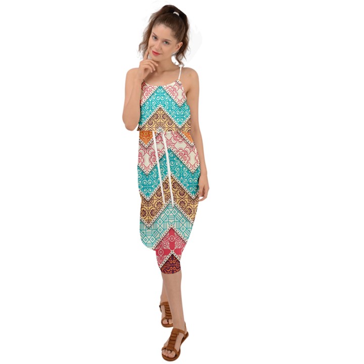 Ethnic Floral Pattern Waist Tie Cover Up Chiffon Dress