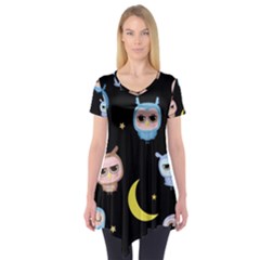 Cute Owl Doodles With Moon Star Seamless Pattern Short Sleeve Tunic  by Vaneshart