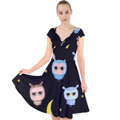 Cute Owl Doodles With Moon Star Seamless Pattern Cap Sleeve Front Wrap Midi Dress