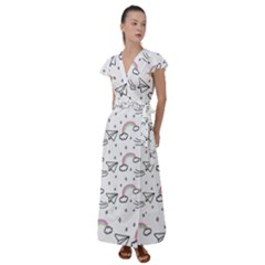 Cute Art Print Pattern Flutter Sleeve Maxi Dress