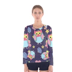 Owl Stars Pattern Background Women s Long Sleeve Tee