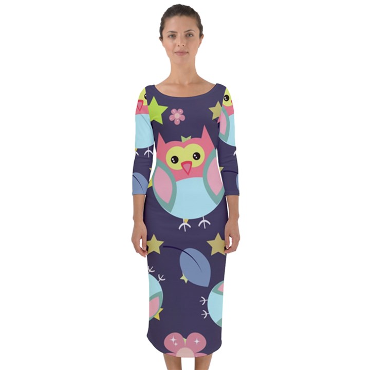 Owl Stars Pattern Background Quarter Sleeve Midi Bodycon Dress
