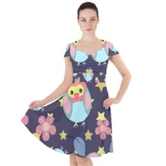 Owl Stars Pattern Background Cap Sleeve Midi Dress