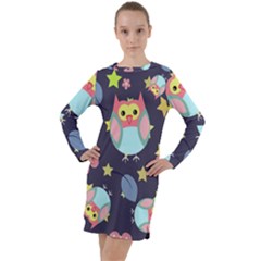 Owl Stars Pattern Background Long Sleeve Hoodie Dress by Vaneshart