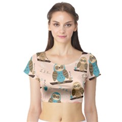 Seamless Pattern Owls Dream Cute Style Fabric Short Sleeve Crop Top by Vaneshart