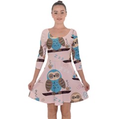 Seamless Pattern Owls Dream Cute Style Fabric Quarter Sleeve Skater Dress by Vaneshart