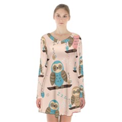 Seamless Pattern Owls Dream Cute Style Fabric Long Sleeve Velvet V-neck Dress