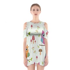 Forest Seamless Pattern With Cute Owls Shoulder Cutout One Piece Dress