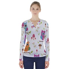 Forest Seamless Pattern With Cute Owls V-neck Long Sleeve Top