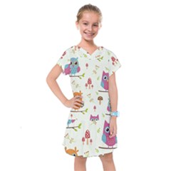 Forest Seamless Pattern With Cute Owls Kids  Drop Waist Dress