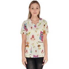 Forest Seamless Pattern With Cute Owls Women s V-neck Scrub Top by Vaneshart