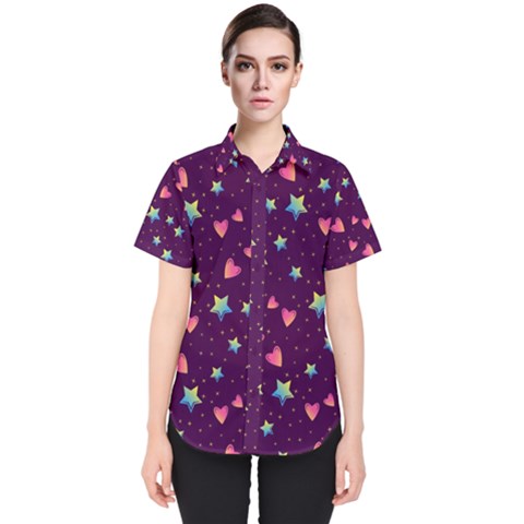 Colorful Stars Hearts Seamless Vector Pattern Women s Short Sleeve Shirt by Vaneshart