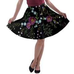 Embroidery Trend Floral Pattern Small Branches Herb Rose A-line Skater Skirt by Vaneshart