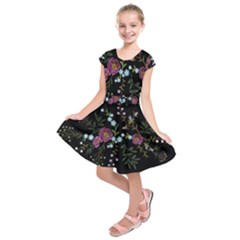 Embroidery Trend Floral Pattern Small Branches Herb Rose Kids  Short Sleeve Dress