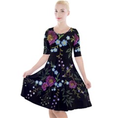 Embroidery Trend Floral Pattern Small Branches Herb Rose Quarter Sleeve A-line Dress by Vaneshart