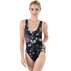 Embroidery Trend Floral Pattern Small Branches Herb Rose High Leg Strappy Swimsuit by Vaneshart