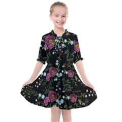 Embroidery Trend Floral Pattern Small Branches Herb Rose Kids  All Frills Chiffon Dress by Vaneshart