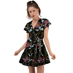 Embroidery Trend Floral Pattern Small Branches Herb Rose Flutter Sleeve Wrap Dress by Vaneshart