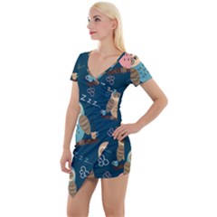 Seamless Pattern Owls Dreaming Short Sleeve Asymmetric Mini Dress by Vaneshart