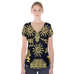 Maya Style Gold Linear Totem Icons Short Sleeve Front Detail Top