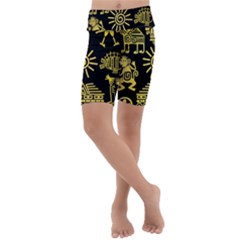 Maya Style Gold Linear Totem Icons Kids  Lightweight Velour Cropped Yoga Leggings by Vaneshart