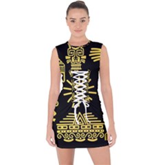 Maya Style Gold Linear Totem Icons Lace Up Front Bodycon Dress by Vaneshart