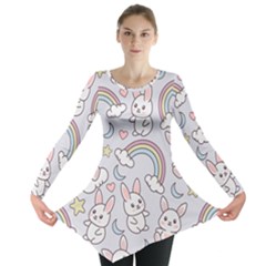 Seamless Pattern With Cute Rabbit Character Long Sleeve Tunic 