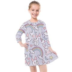 Seamless Pattern With Cute Rabbit Character Kids  Quarter Sleeve Shirt Dress by Vaneshart