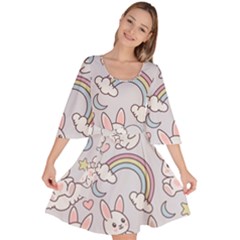 Seamless Pattern With Cute Rabbit Character Velour Kimono Dress by Vaneshart