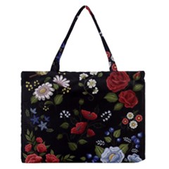 Floral Folk Fashion Ornamental Embroidery Pattern Zipper Medium Tote Bag