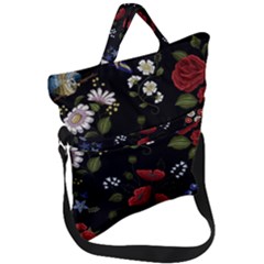 Floral Folk Fashion Ornamental Embroidery Pattern Fold Over Handle Tote Bag by Vaneshart